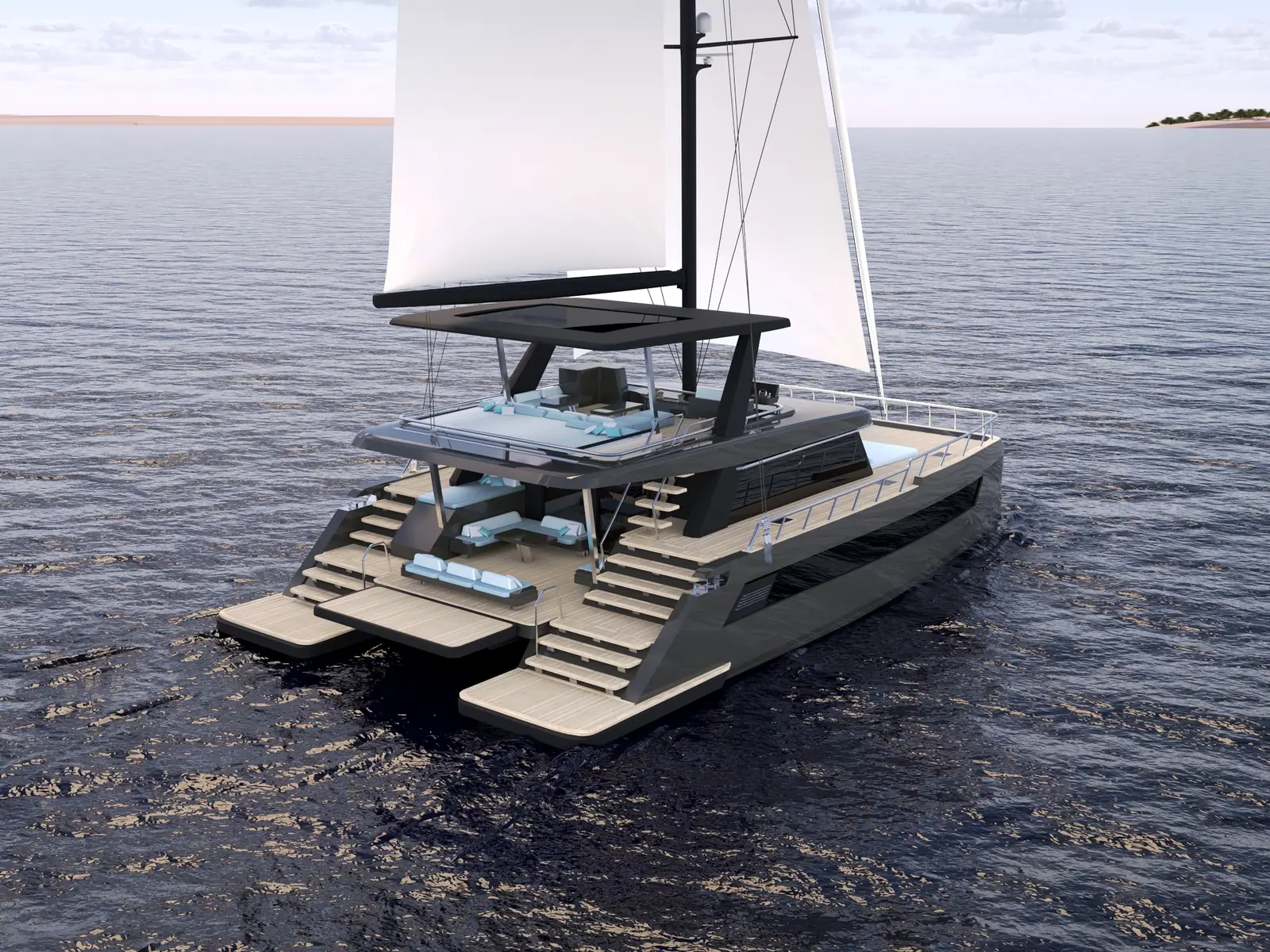 Rendu extérieur d’un catamaran moderne vu de trois quarts