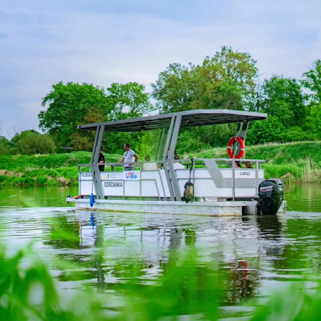 Bateau de promenade naviguant sur une rivière bordée de végétation